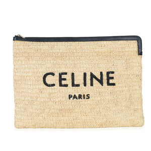 Celine Beige Raffia Sequin Logo Clutch
